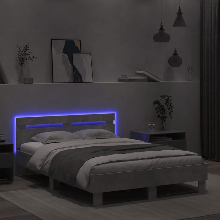 sengeramme med sengegavl og LED-lys 120x190 cm betongrå