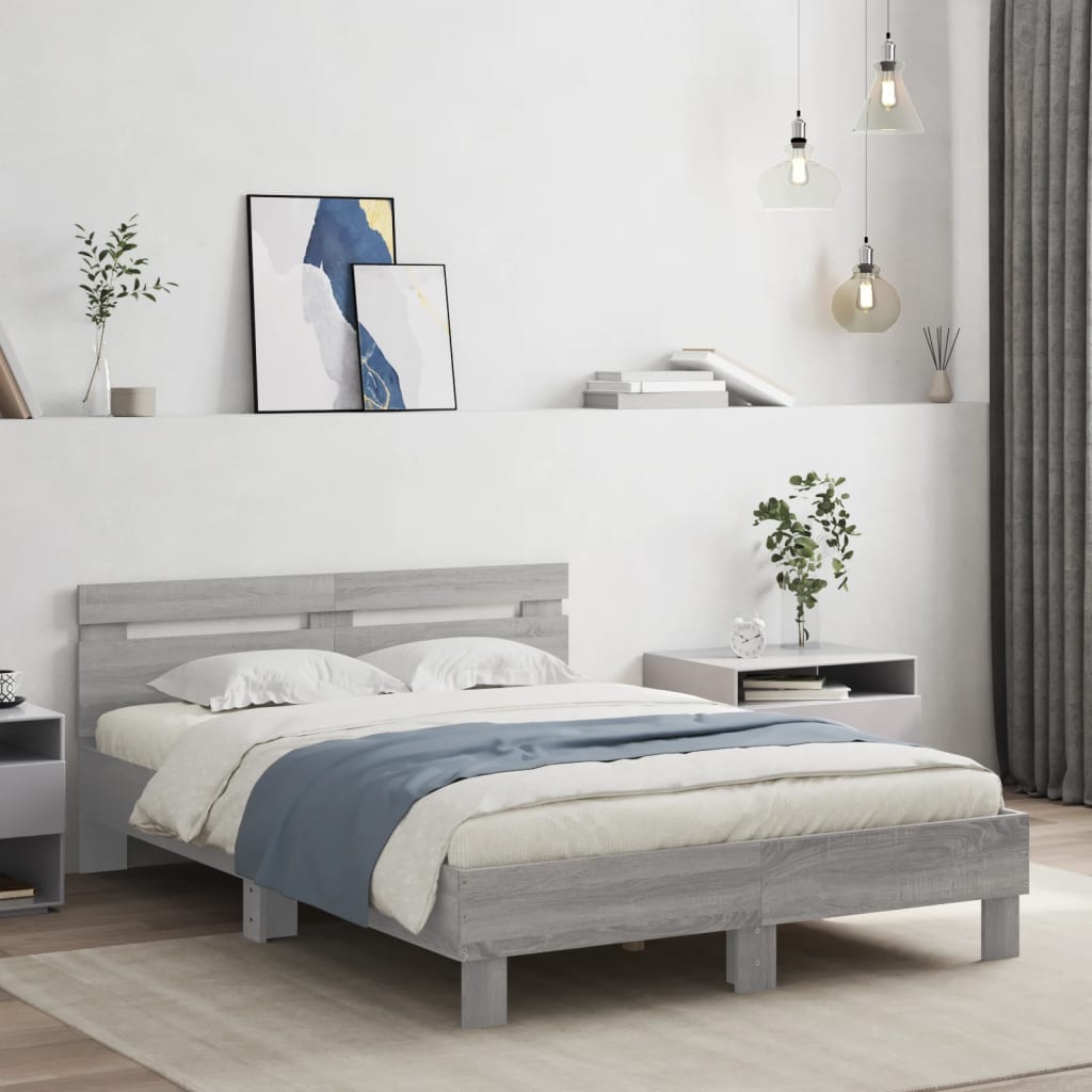 sengeramme med sengegavl og LED-lys 120x190 cm grå sonoma-eg