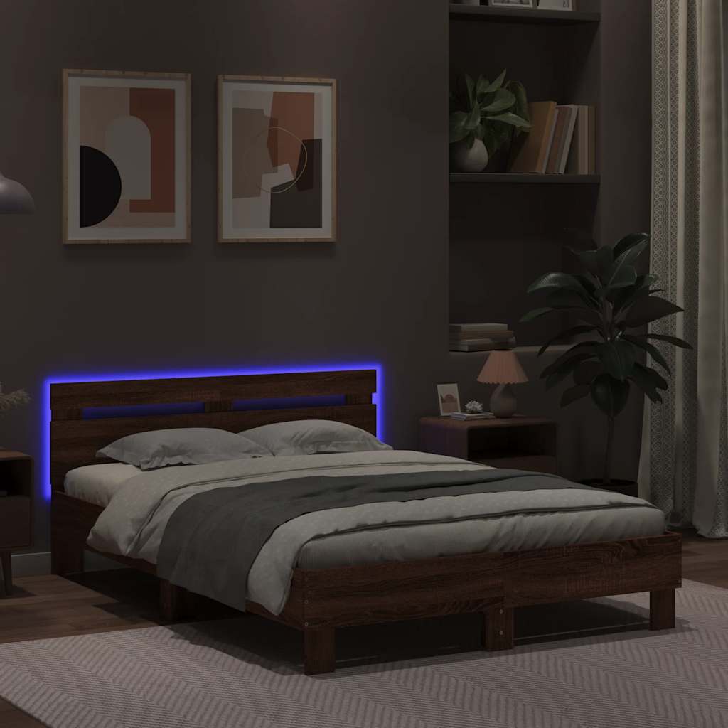 sengeramme med sengegavl og LED-lys 120x190 cm brunt egetræ
