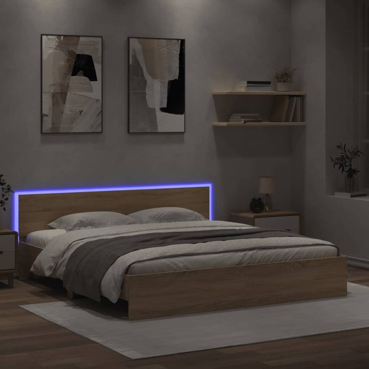 sengeramme med sengegavl og LED-lys 200x200 cm sonoma-eg