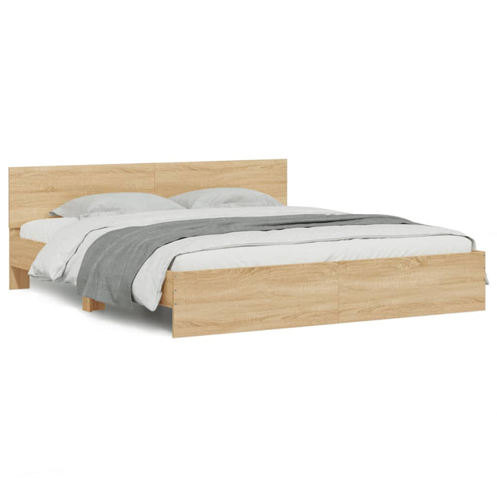 sengeramme med sengegavl og LED-lys 200x200 cm sonoma-eg