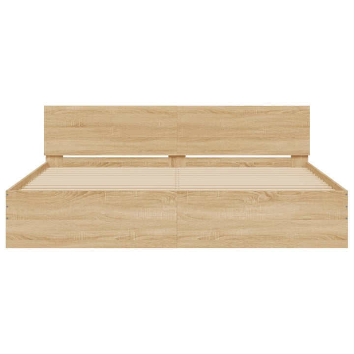 sengeramme med sengegavl og LED-lys 200x200 cm sonoma-eg