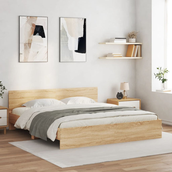 sengeramme med sengegavl og LED-lys 200x200 cm sonoma-eg