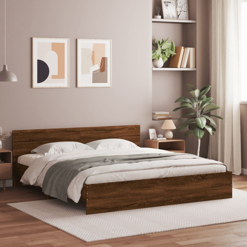sengeramme med sengegavl og LED-lys 200x200 cm brunt egetræ