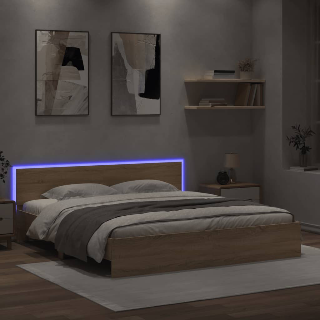 sengeramme med sengegavl og LED-lys 180x200 cm sonoma-eg