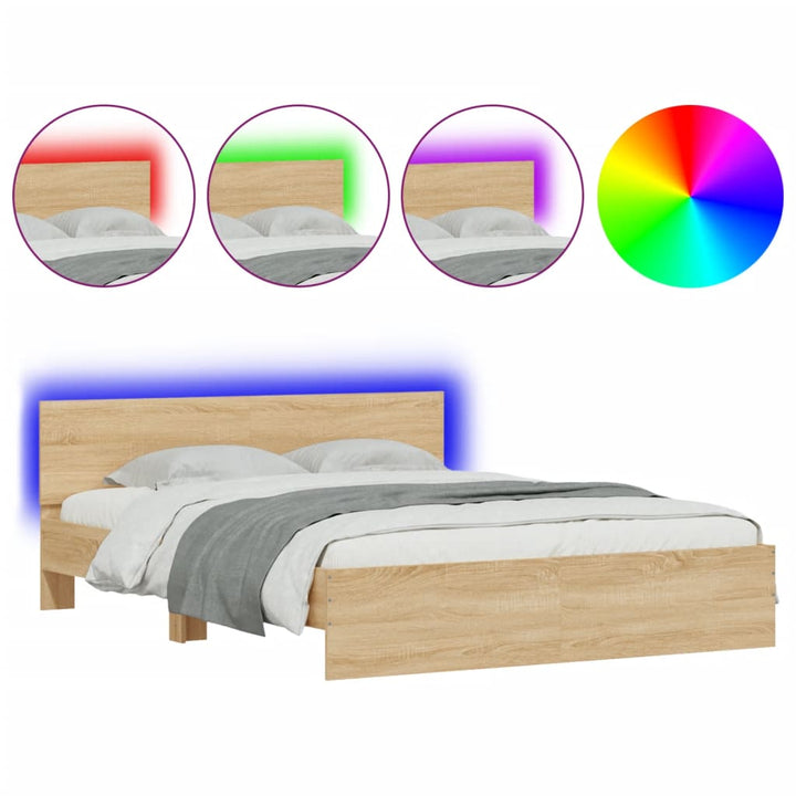 sengeramme med sengegavl og LED-lys 160x200 cm sonoma-eg