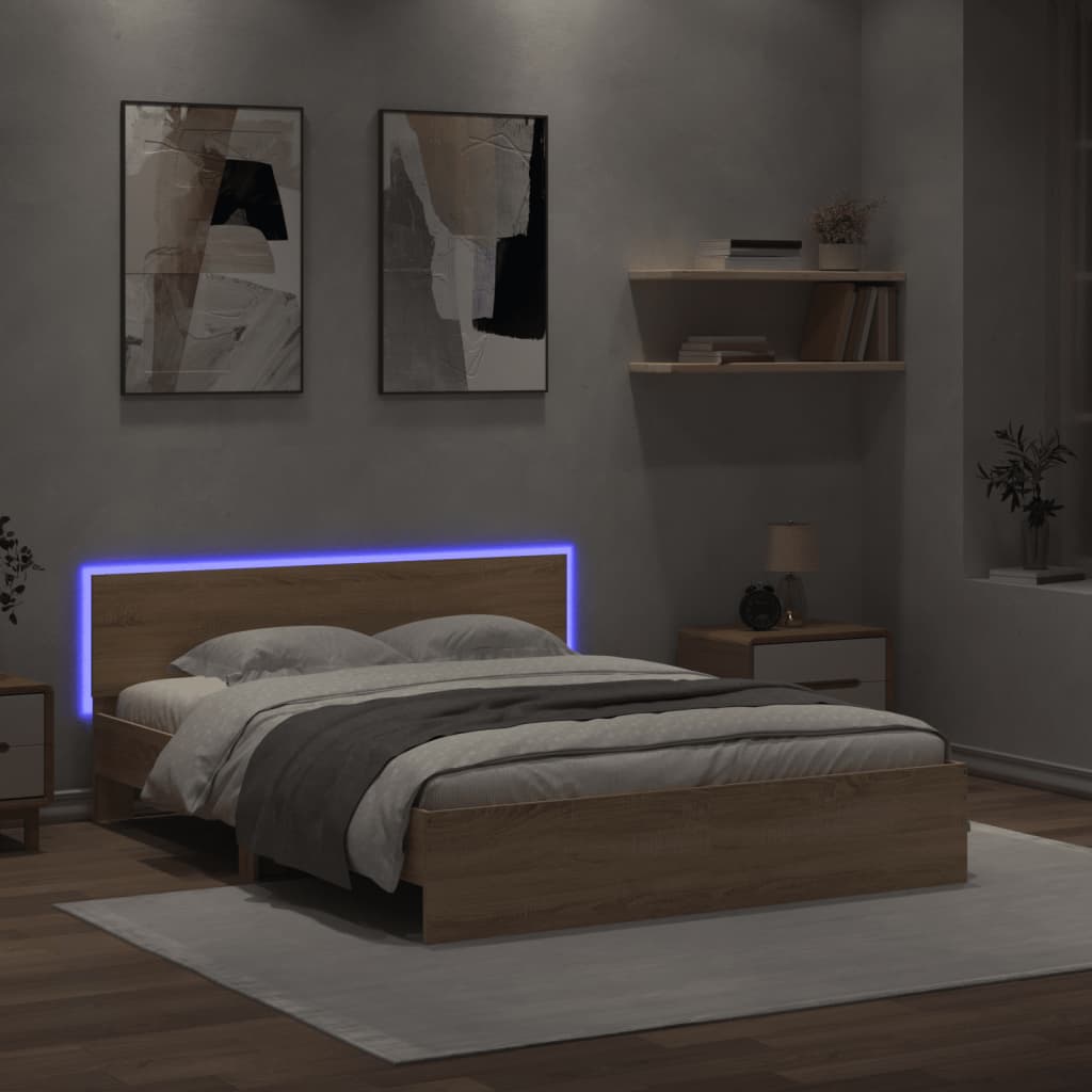 sengeramme med sengegavl og LED-lys 160x200 cm sonoma-eg