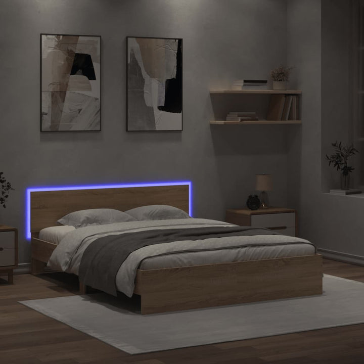 sengeramme med sengegavl og LED-lys 160x200 cm sonoma-eg