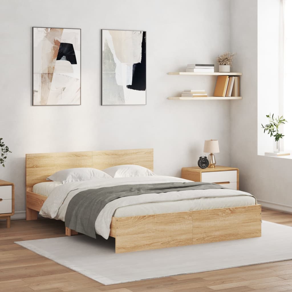 sengeramme med sengegavl og LED-lys 160x200 cm sonoma-eg