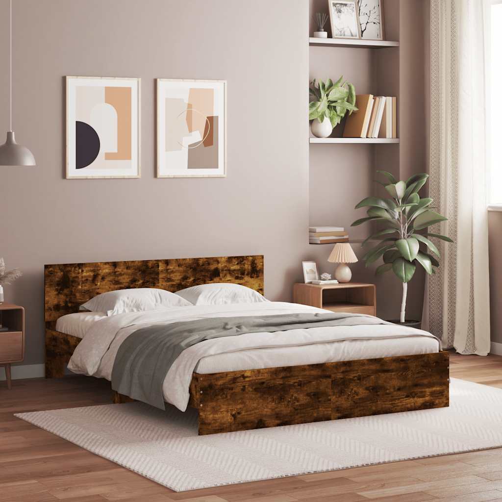 sengeramme med sengegavl og LED-lys 150x200 cm røget egetræ