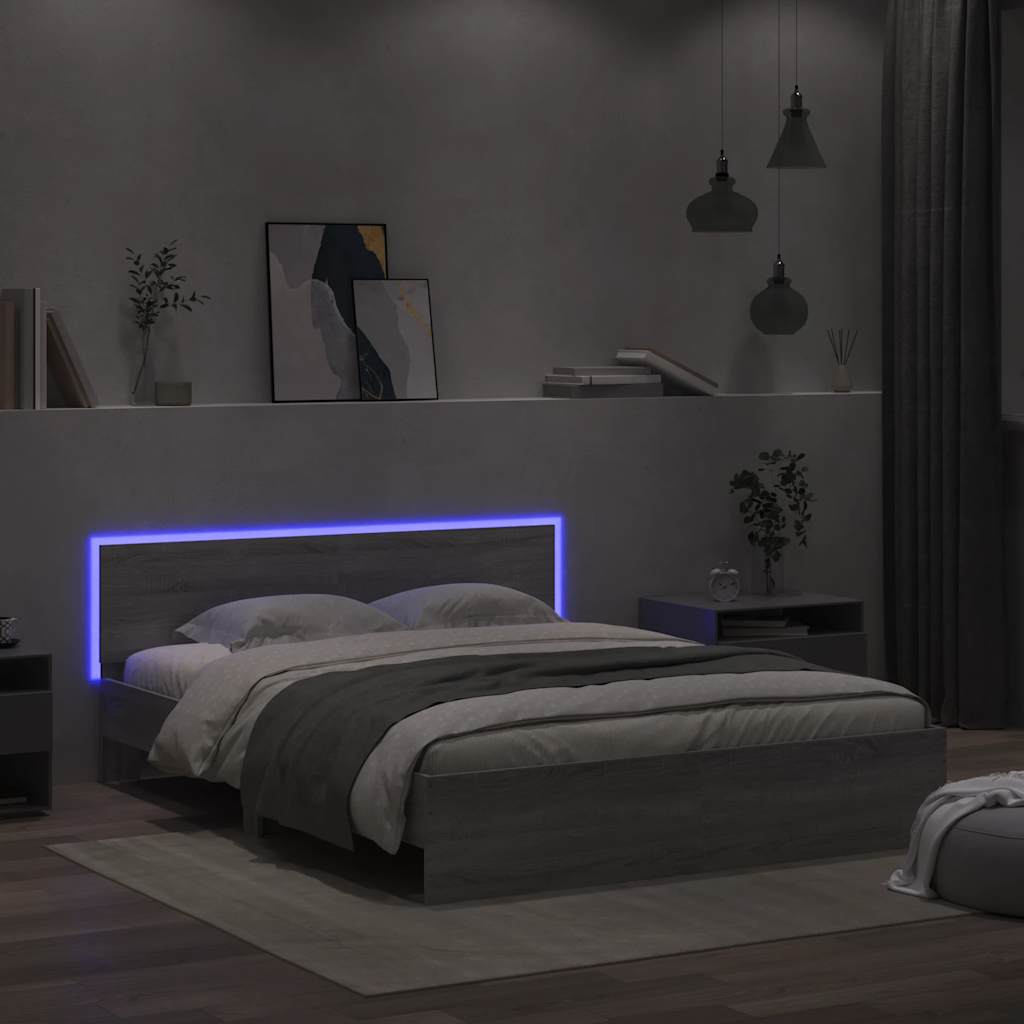 sengeramme med sengegavl og LED-lys 150x200 cm grå sonoma-eg
