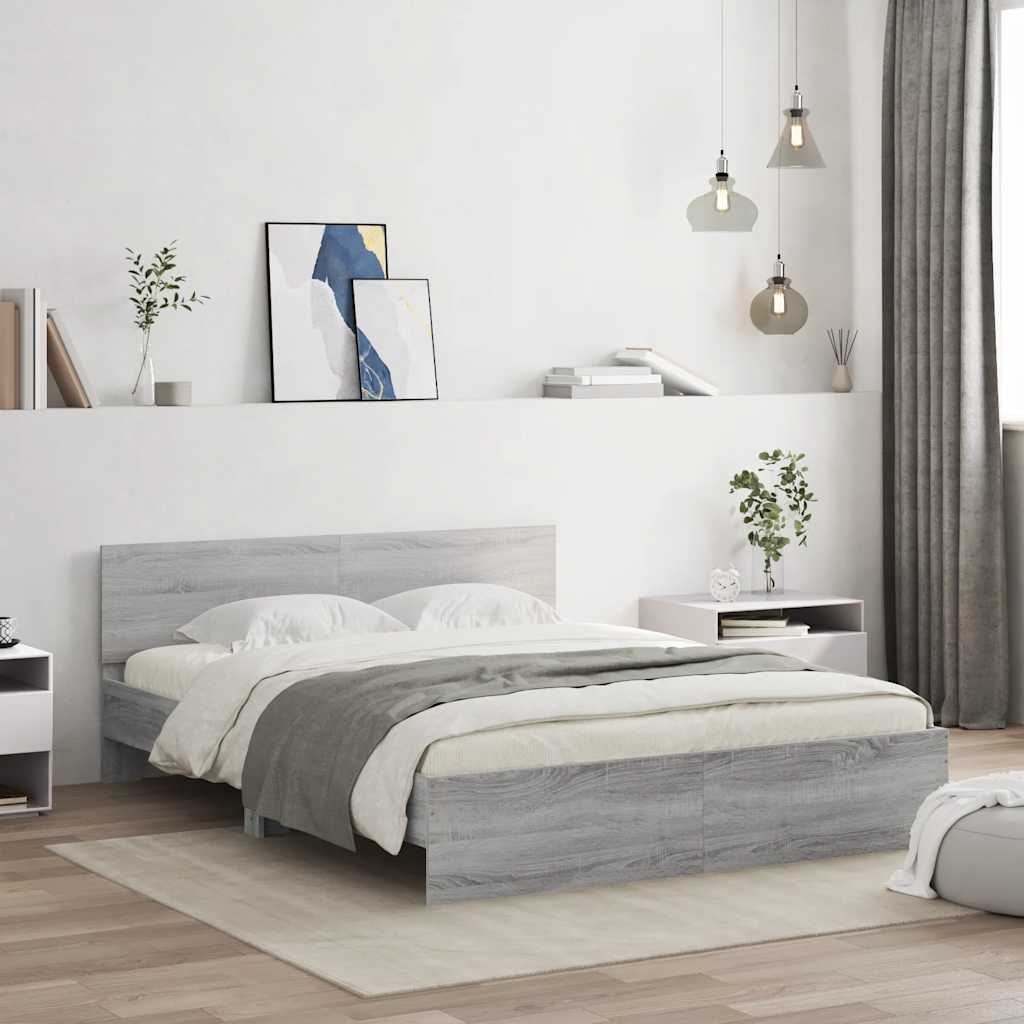 sengeramme med sengegavl og LED-lys 150x200 cm grå sonoma-eg