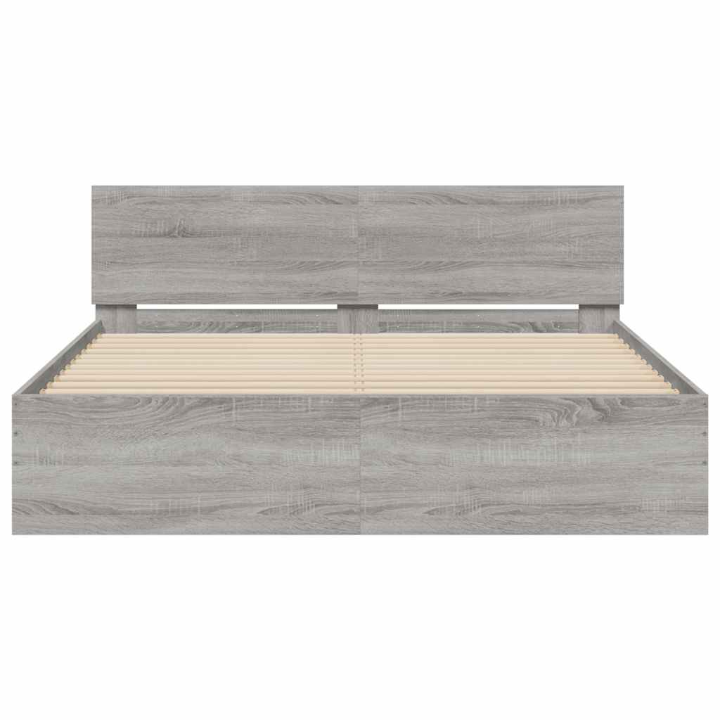 sengeramme med sengegavl og LED-lys 150x200 cm grå sonoma-eg