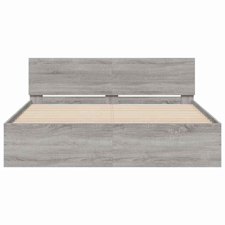 sengeramme med sengegavl og LED-lys 150x200 cm grå sonoma-eg