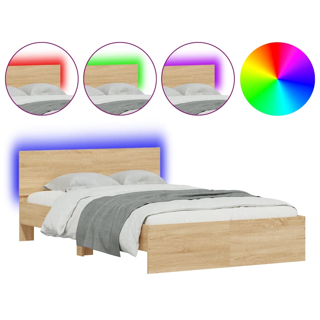 sengeramme med sengegavl og LED-lys 140x200 cm sonoma-eg