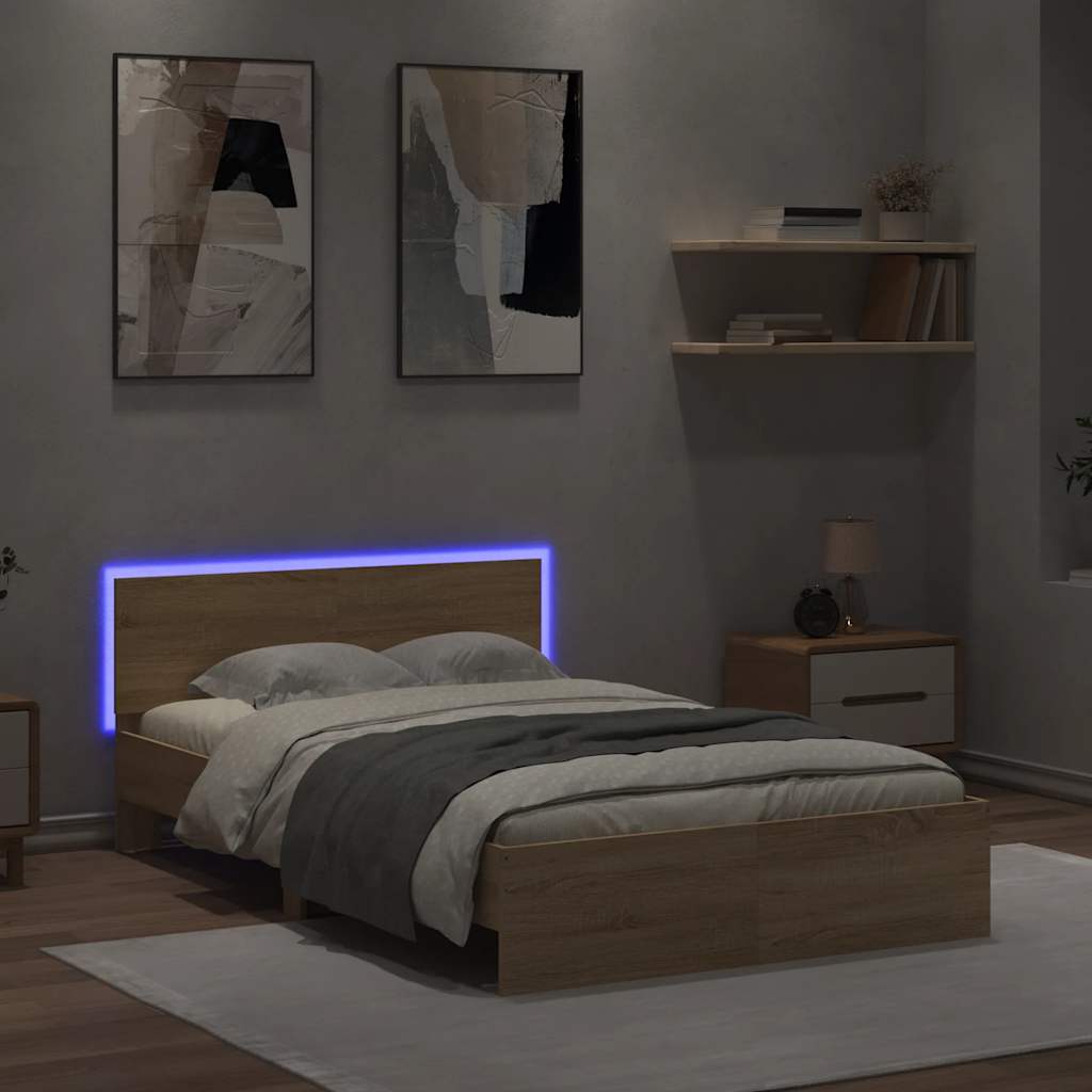 sengeramme med sengegavl og LED-lys 140x200 cm sonoma-eg