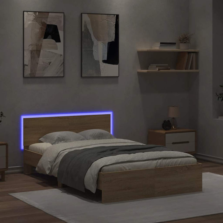 sengeramme med sengegavl og LED-lys 140x200 cm sonoma-eg