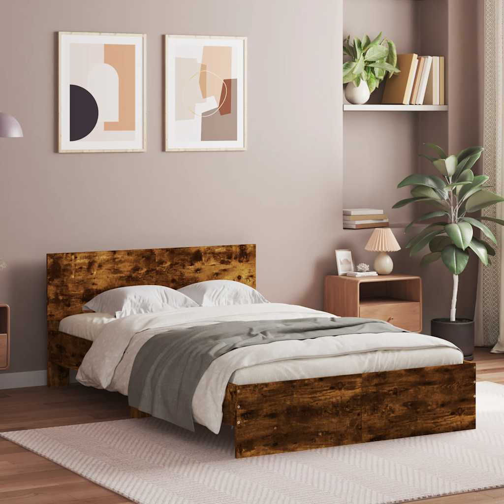 sengeramme med sengegavl og LED-lys 140x200 cm røget egetræ
