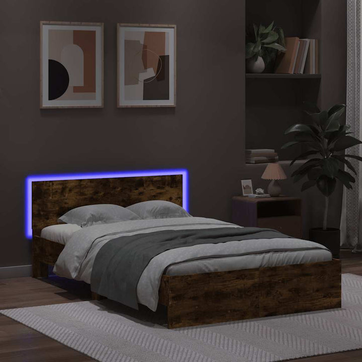 sengeramme med sengegavl og LED-lys 120x200 cm røget egetræ