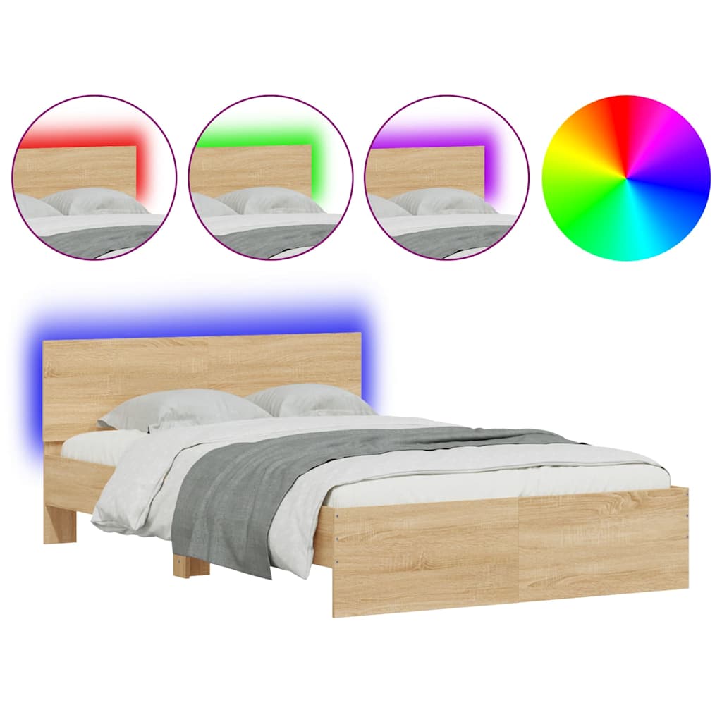 sengeramme med sengegavl og LED-lys 140x190 cm sonoma-eg
