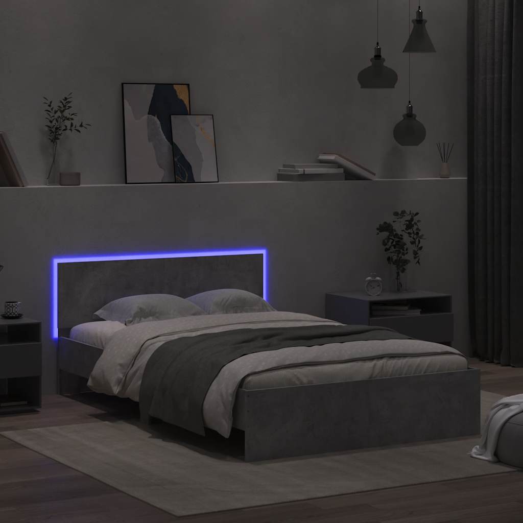sengeramme med sengegavl og LED-lys 140x190 cm betongrå
