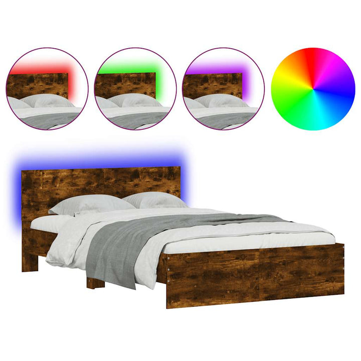 sengeramme med sengegavl og LED-lys 140x190 cm røget egetræ