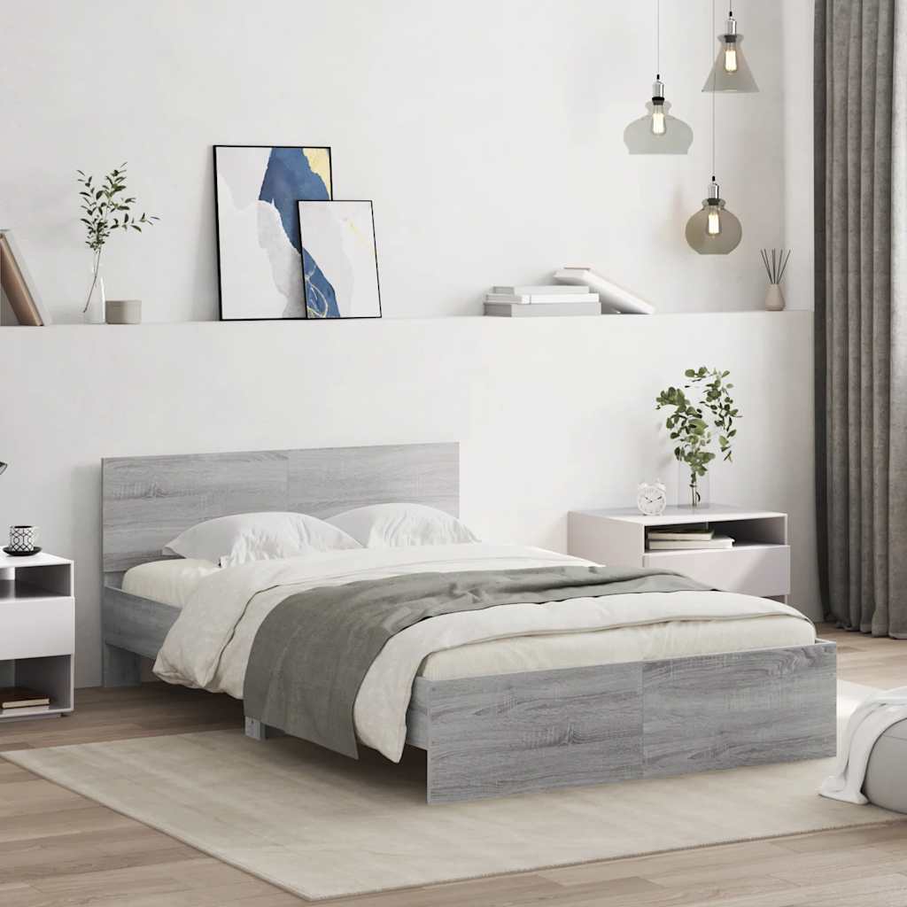 sengeramme med sengegavl og LED-lys 140x190 cm grå sonoma-eg
