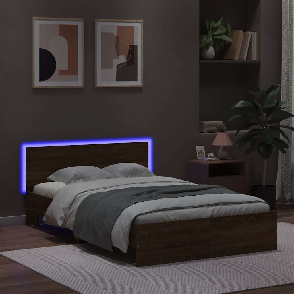 sengeramme med sengegavl og LED-lys 140x190 cm brunt egetræ