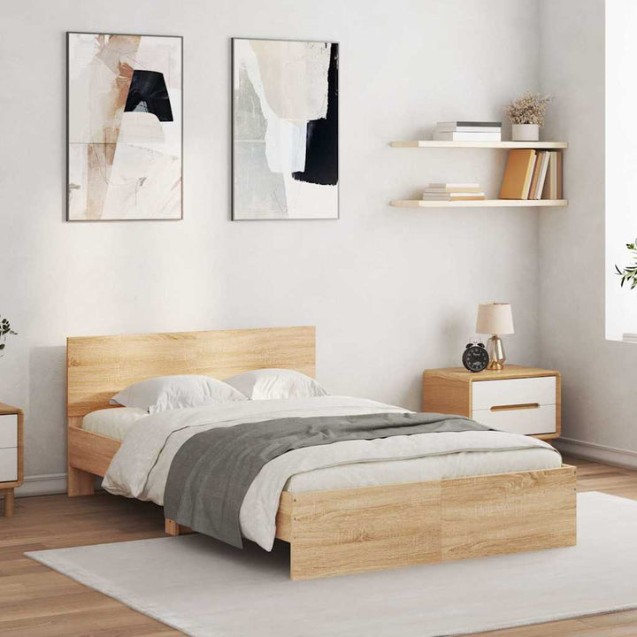 sengeramme med sengegavl og LED-lys 135x190 cm sonoma-eg