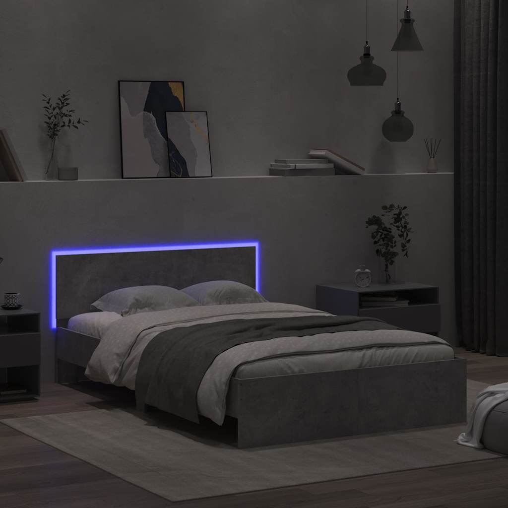 sengeramme med sengegavl og LED-lys 135x190 cm betongrå