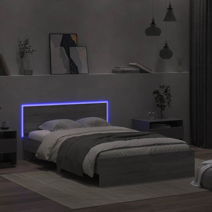 sengeramme med sengegavl og LED-lys 135x190 cm grå sonoma-eg
