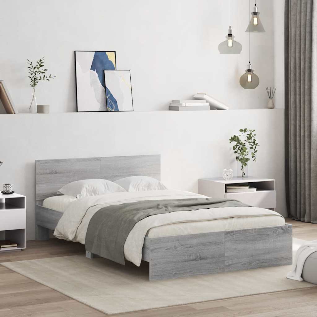 sengeramme med sengegavl og LED-lys 135x190 cm grå sonoma-eg