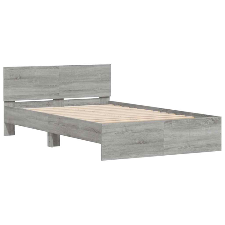 sengeramme med sengegavl og LED-lys 135x190 cm grå sonoma-eg