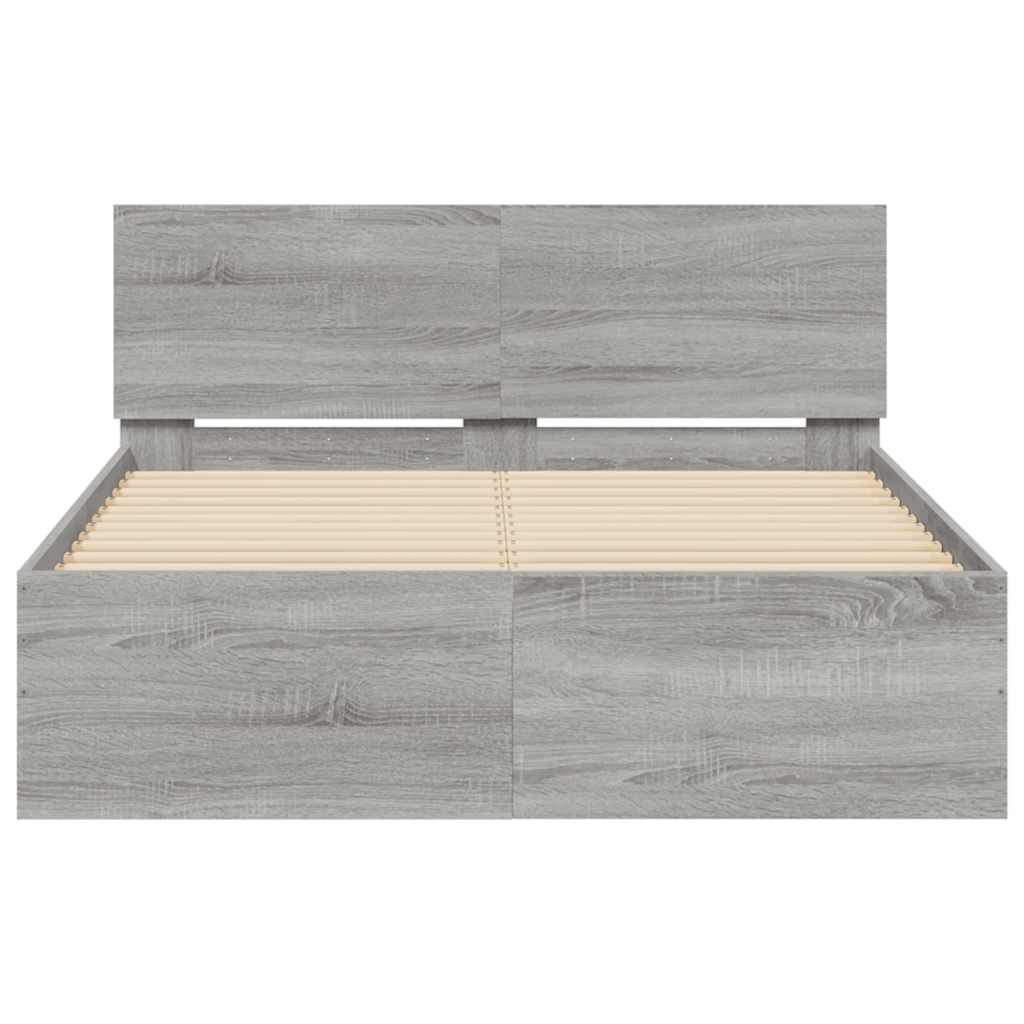 sengeramme med sengegavl og LED-lys 135x190 cm grå sonoma-eg