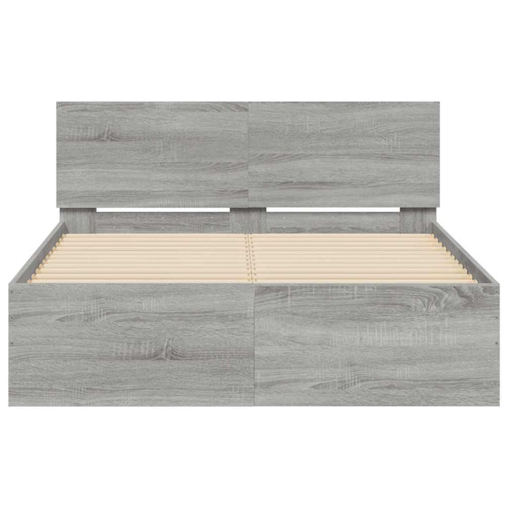 sengeramme med sengegavl og LED-lys 135x190 cm grå sonoma-eg