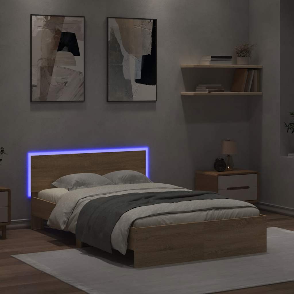 sengeramme med sengegavl og LED-lys 120x190 cm sonoma-eg