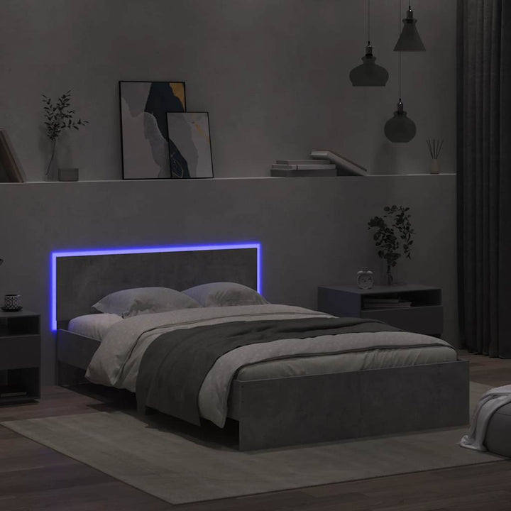 sengeramme med sengegavl og LED-lys 120x190 cm betongrå