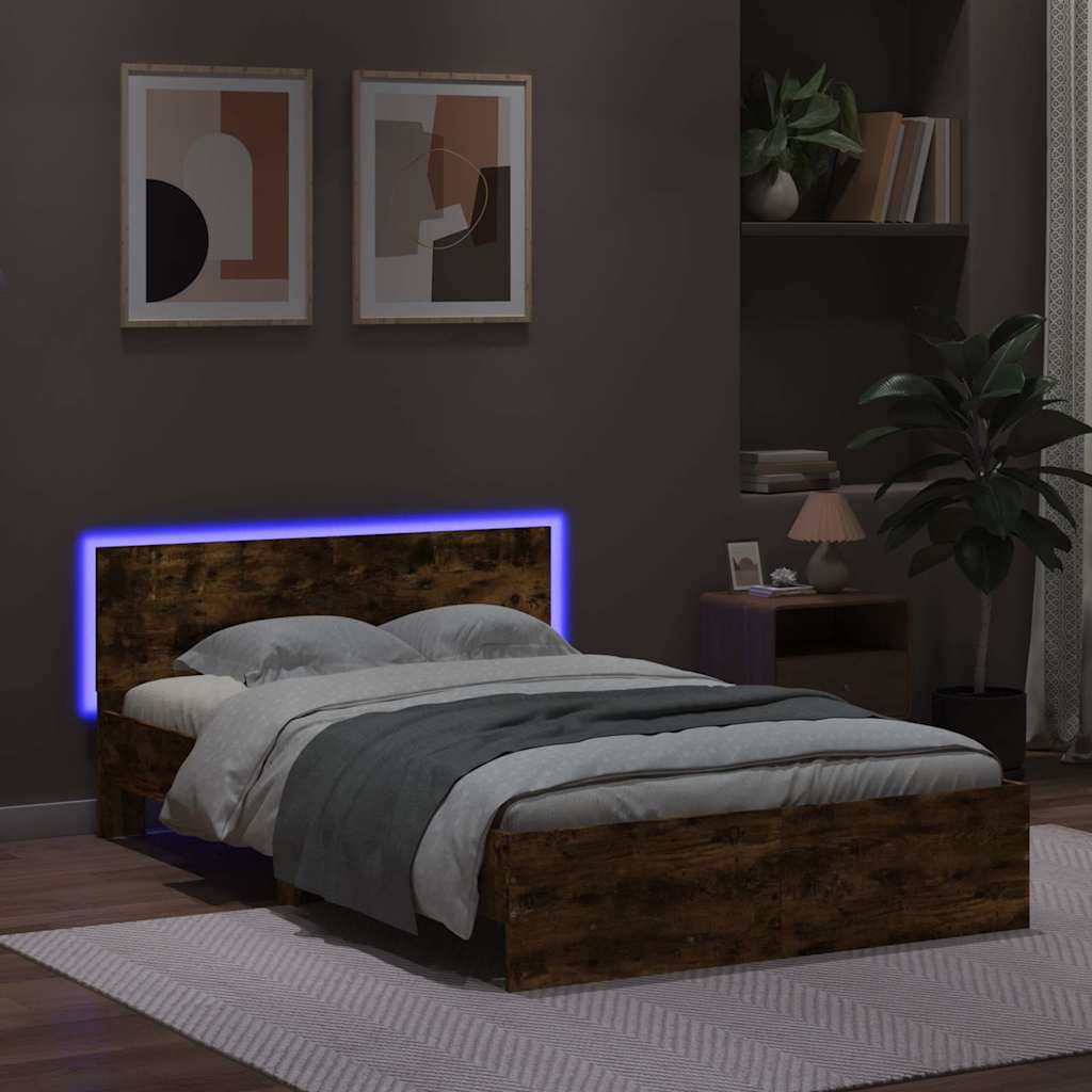 sengeramme med sengegavl og LED-lys 120x190 cm røget egetræ