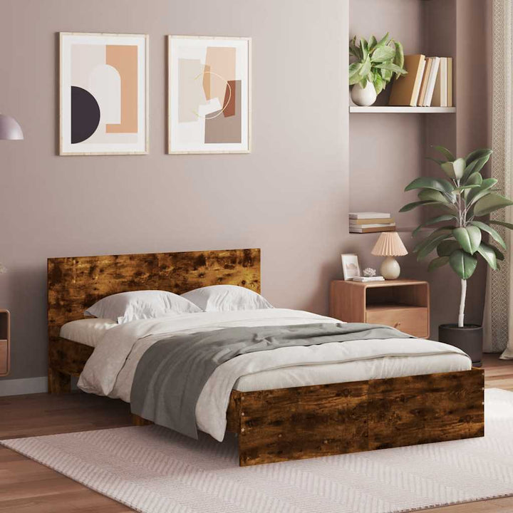 sengeramme med sengegavl og LED-lys 120x190 cm røget egetræ