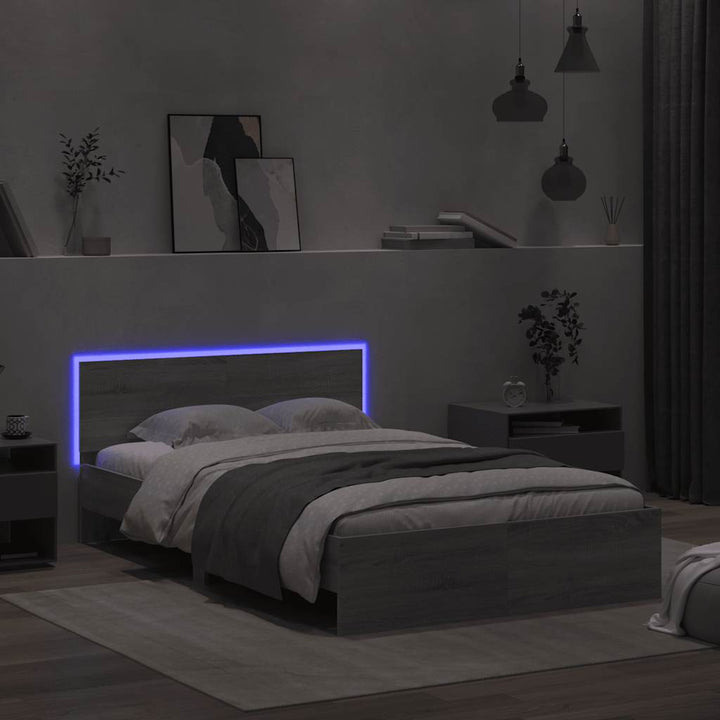 sengeramme med sengegavl og LED-lys 120x190 cm grå sonoma-eg