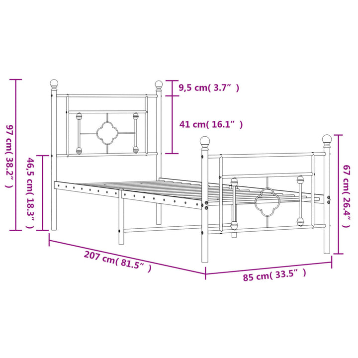 sengeramme med sengegavl og fodgærde 80x200 cm metal hvid