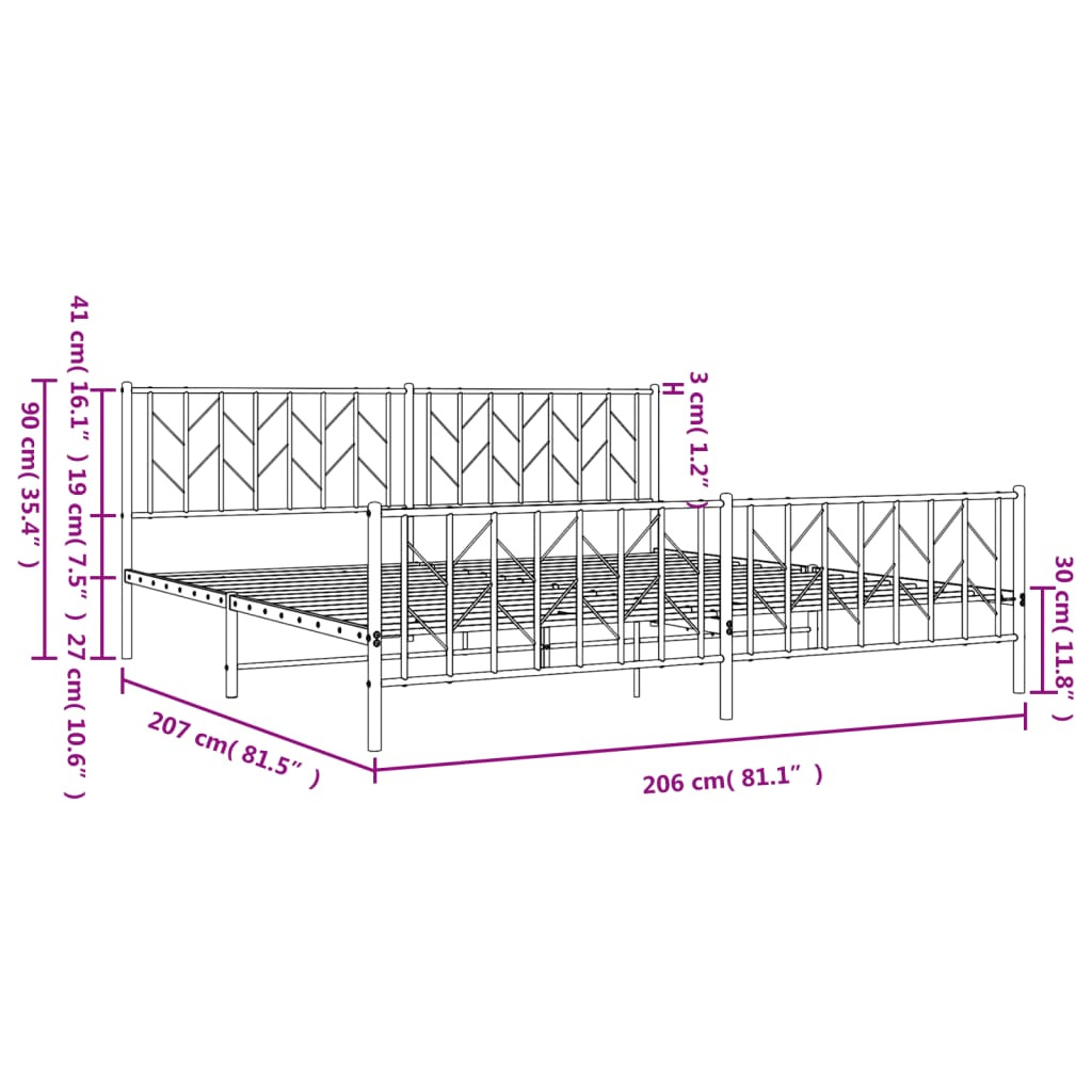 sengeramme med sengegavl og fodgærde 200x200 cm metal sort