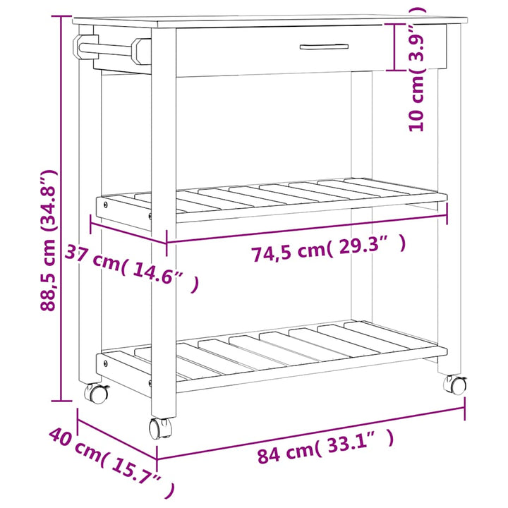 køkkenvogn MONZA 84x40x88,5 cm massivt fyrretræ