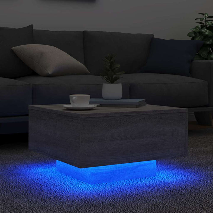 sofabord med LED-lys 55x55x31 cm grå sonoma-eg