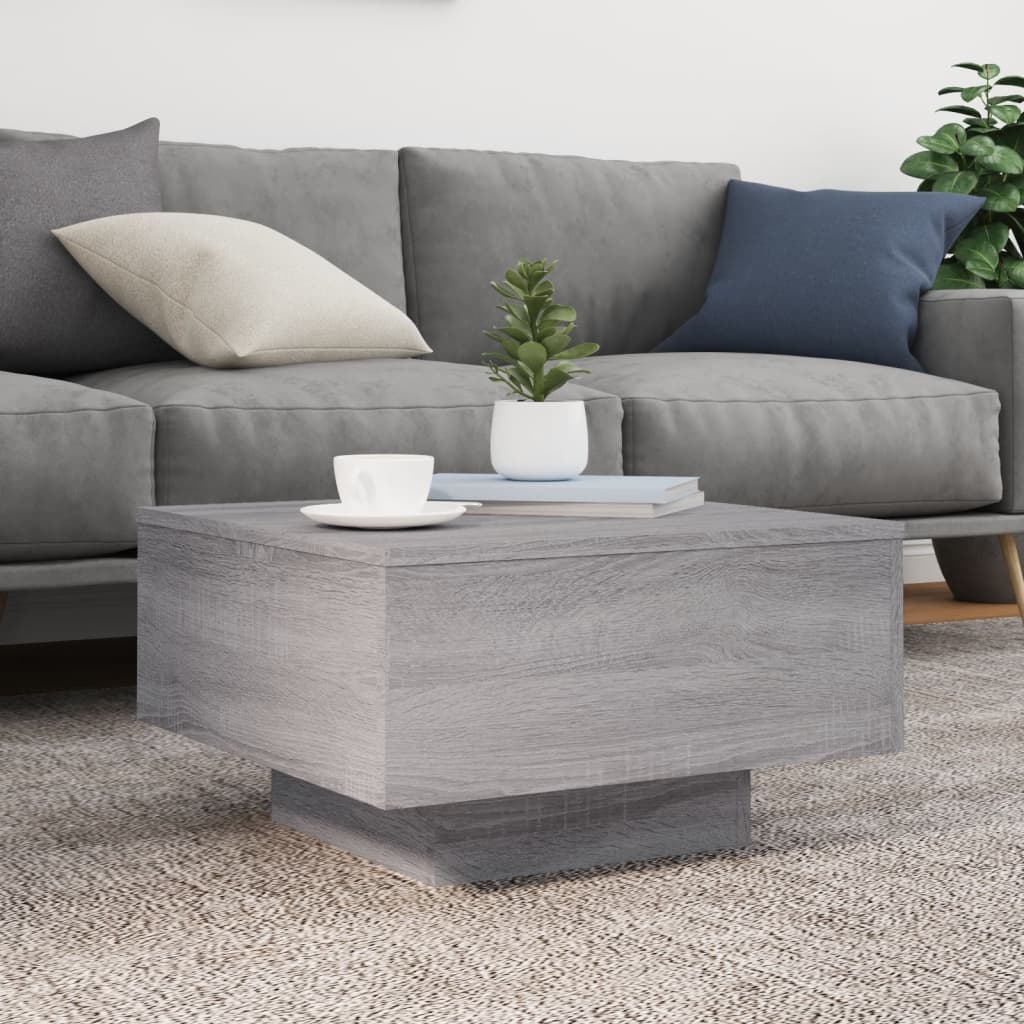 sofabord med LED-lys 55x55x31 cm grå sonoma-eg