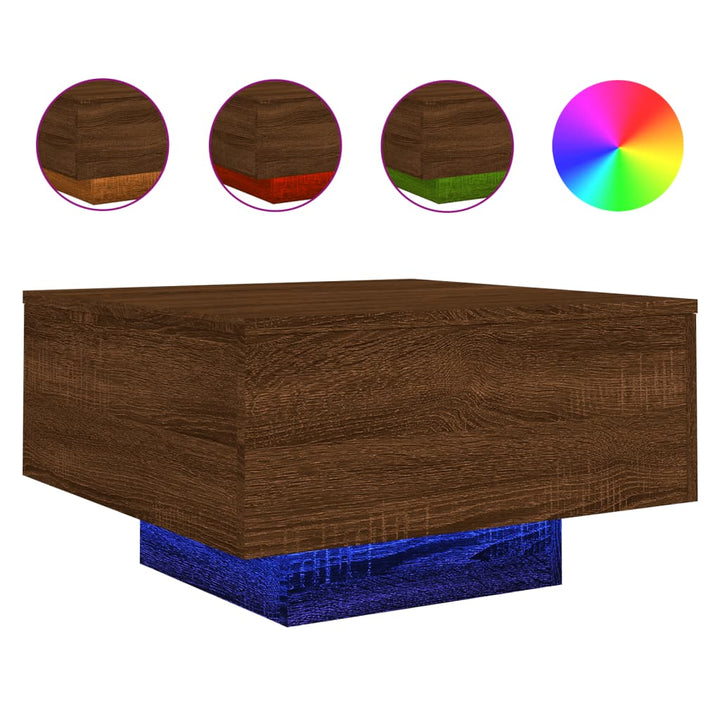sofabord med LED-lys 55x55x31 cm brun egetræsfarve