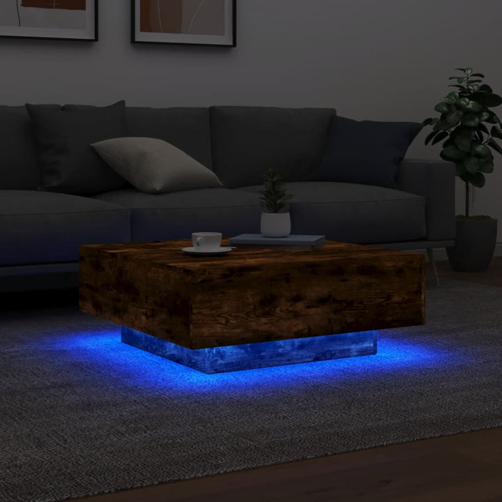 sofabord med LED-lys 80x80x31 cm røget egetræsfarve