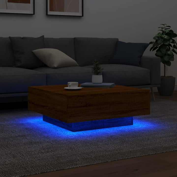 sofabord med LED-lys 80x80x31 cm brun egetræsfarve