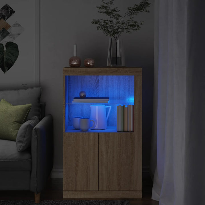 skab med LED-lys konstrueret træ sonoma-eg