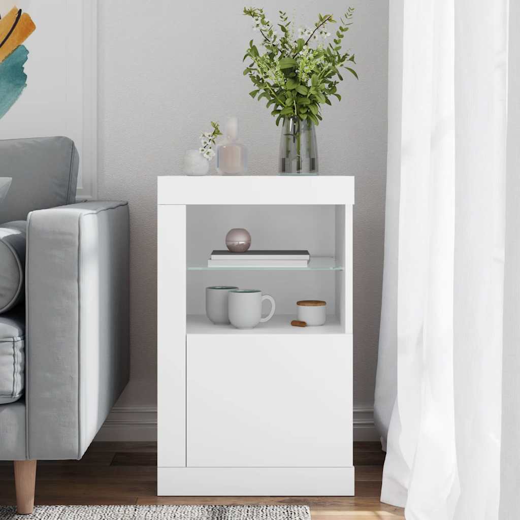 skab med LED-lys konstrueret træ hvid